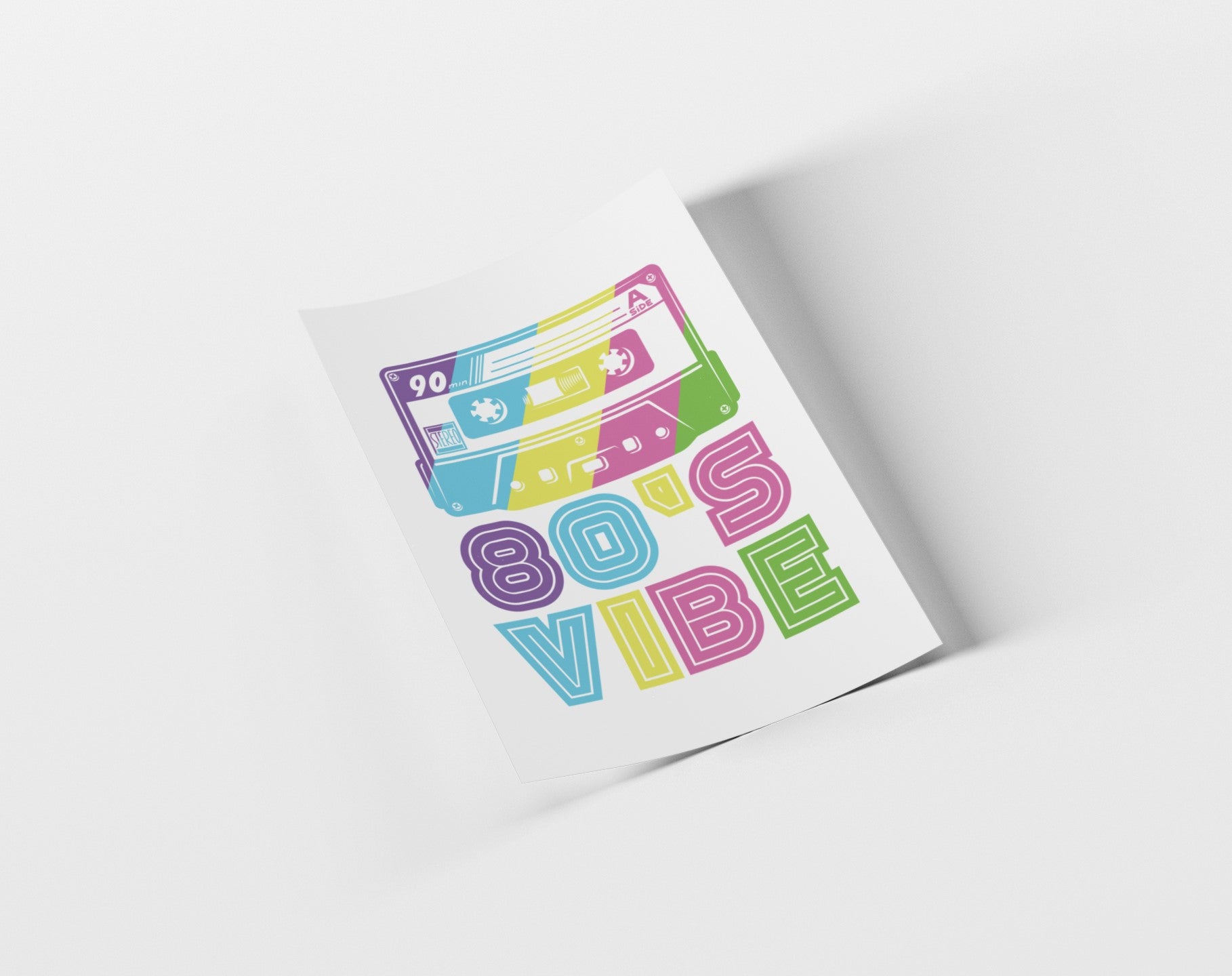 Greeting card with '80s Vibe' design featuring a cassette tape on a white background