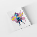 A white art print featuring a colorful retro-style illustration of a person with purple hair, a blue outfit, and a boombox, shown at an angle on a light gray background.