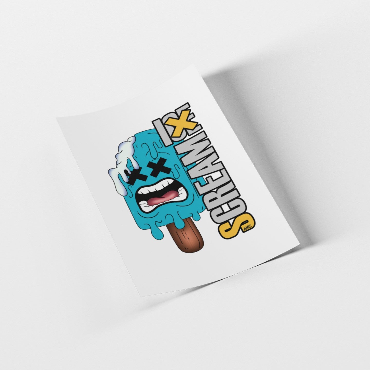 Cartoon ice cream cone with 'Scream' text on a white background
