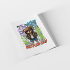 Card with a teddy bear in a hat and coat, surrounded by colorful graphics and the text 'Stay Wild' on a white background.