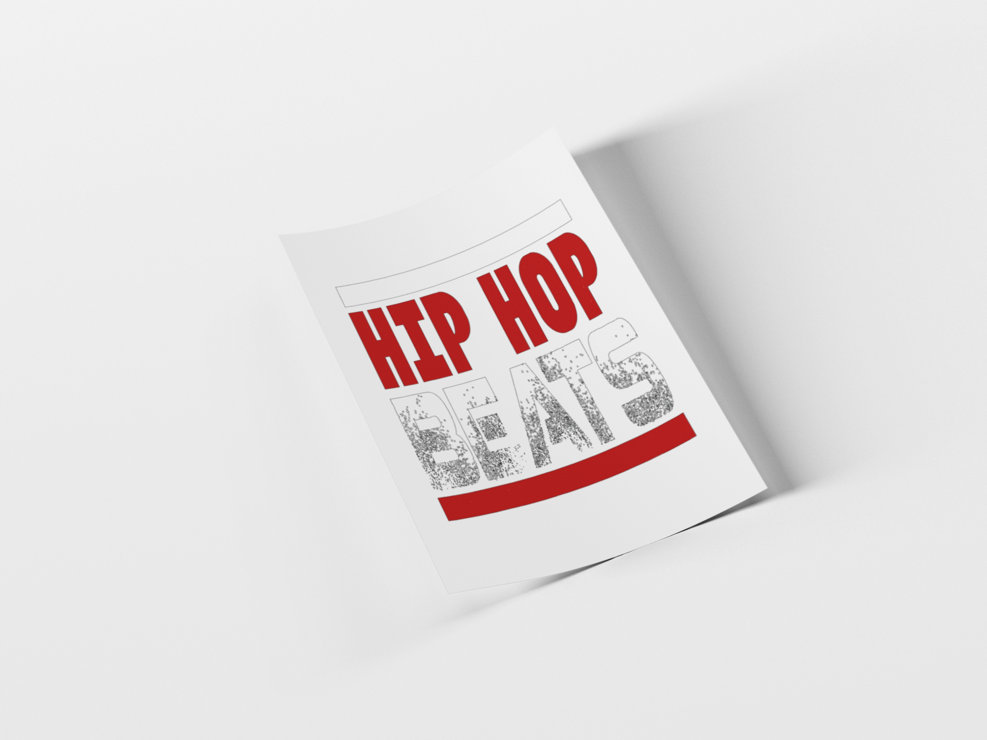 A white rectangular print or poster shown at an angle on a light gray background, featuring the words 'HIP HOP' in bold red letters above distressed gray text reading 'BEATS' with a red horizontal stripe.