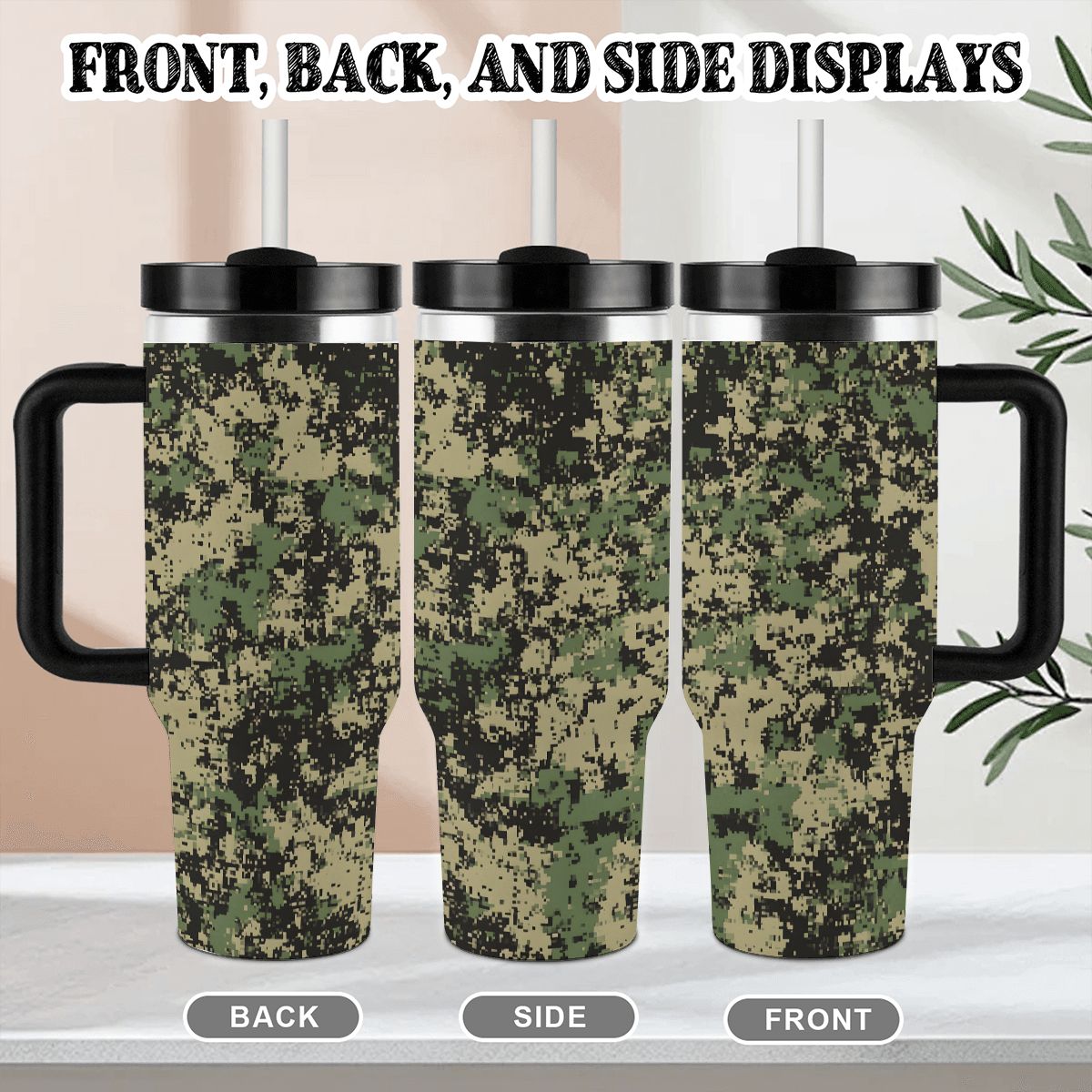 Camouflage-patterned travel mug shown from front, back, and side views with a neutral background.