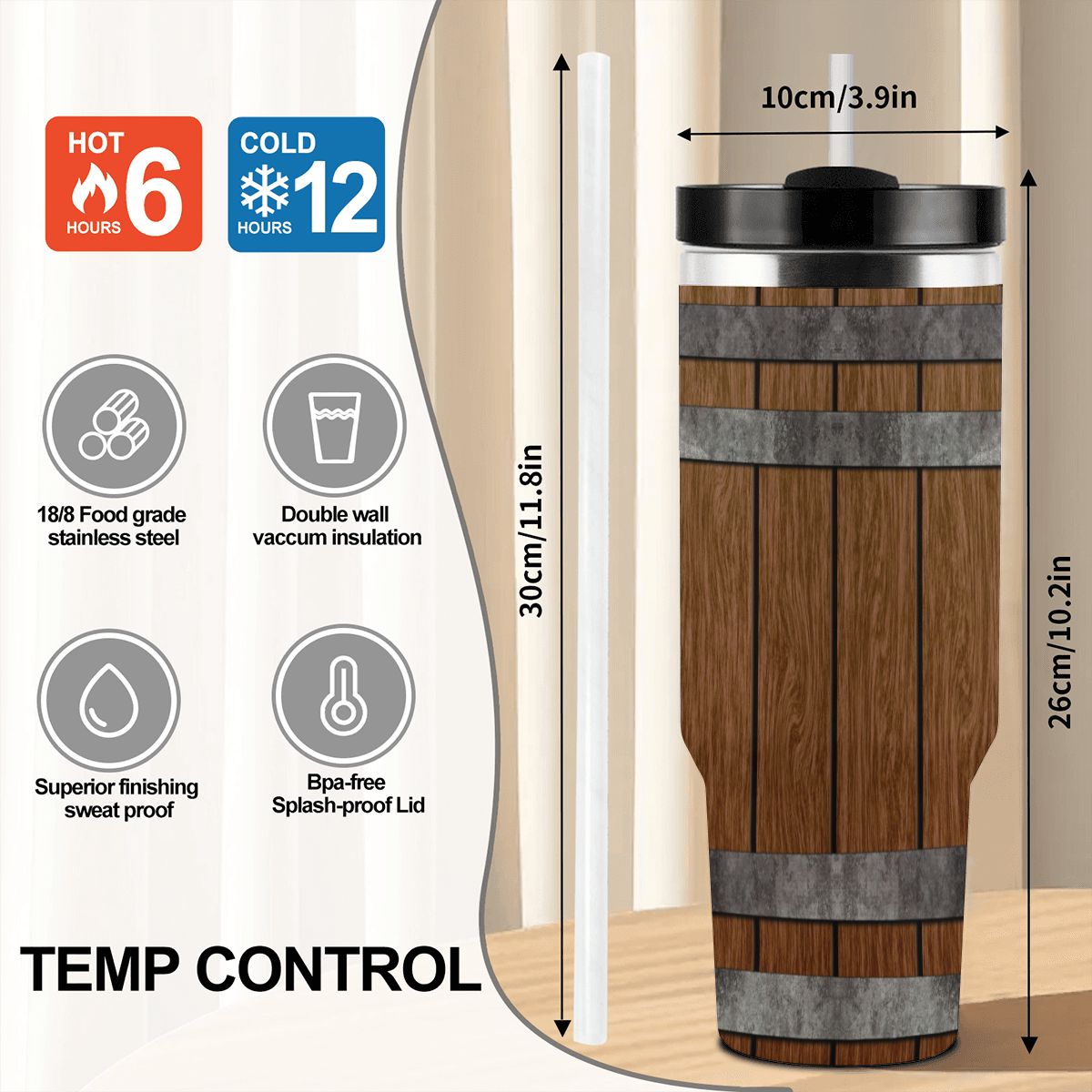 Wooden-patterned tumbler with temperature control features and dimensions on a white background