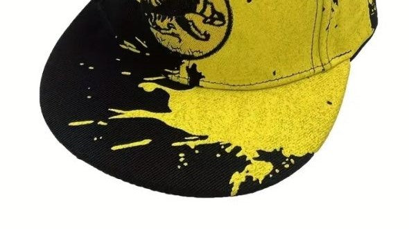 Yellow and black cap with a logo on a white background
