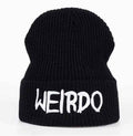 Weirdo Black Knit Beanie, Ribbed Winter Hat with Embroidered Text