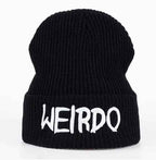 Weirdo Black Knit Beanie, Ribbed Winter Hat with Embroidered Text