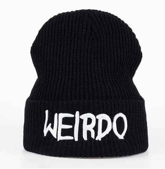 Weirdo Black Knit Beanie, Ribbed Winter Hat with Embroidered Text