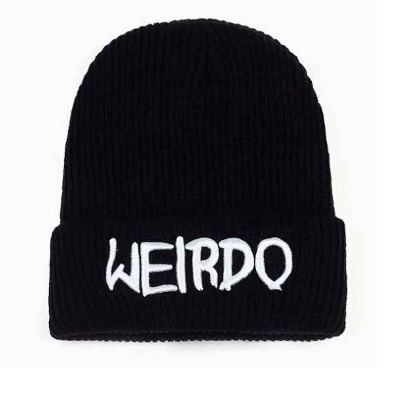 Weirdo Black Knit Beanie, Ribbed Winter Hat with Embroidered Text