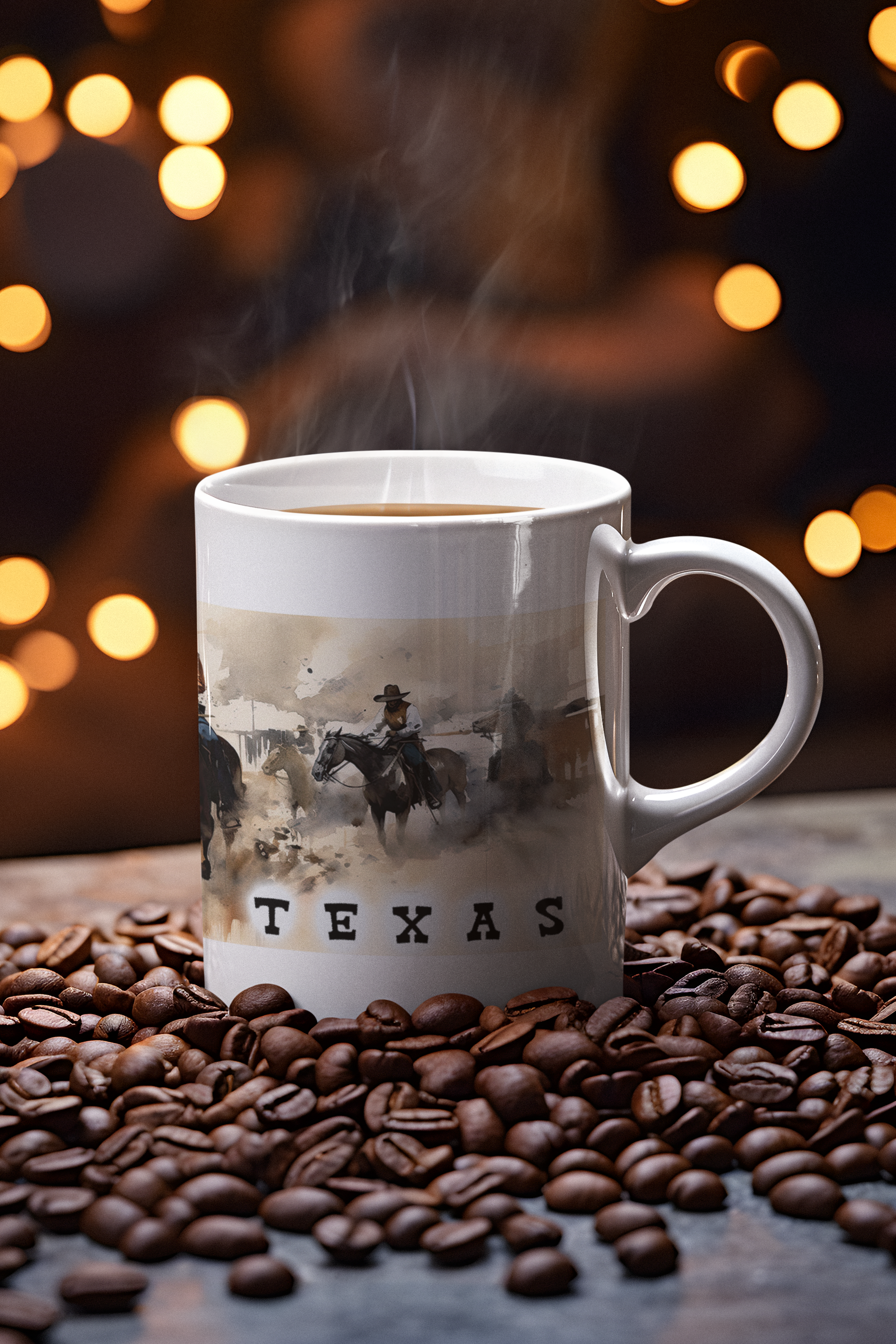 A white ceramic mug with a western-themed Texas cowboy print sits on a bed of coffee beans, with steam rising from the hot coffee inside. The background features a warm, out-of-focus bokeh of string lights.