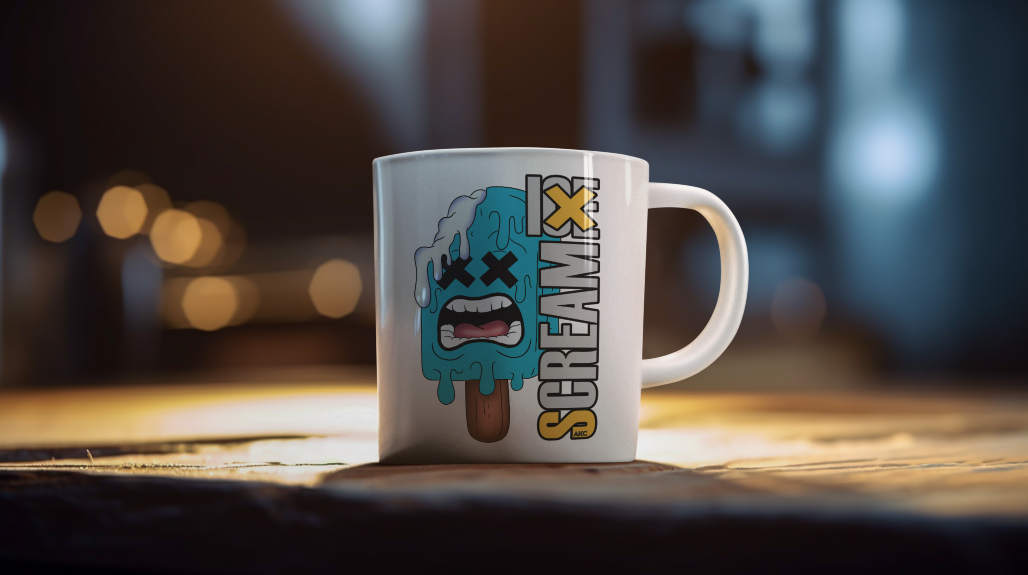 A white ceramic mug with a cartoon ice cream popsicle face graphic and the text 'SCREAM X' printed on the side, set on a wooden surface with a blurred dark background.