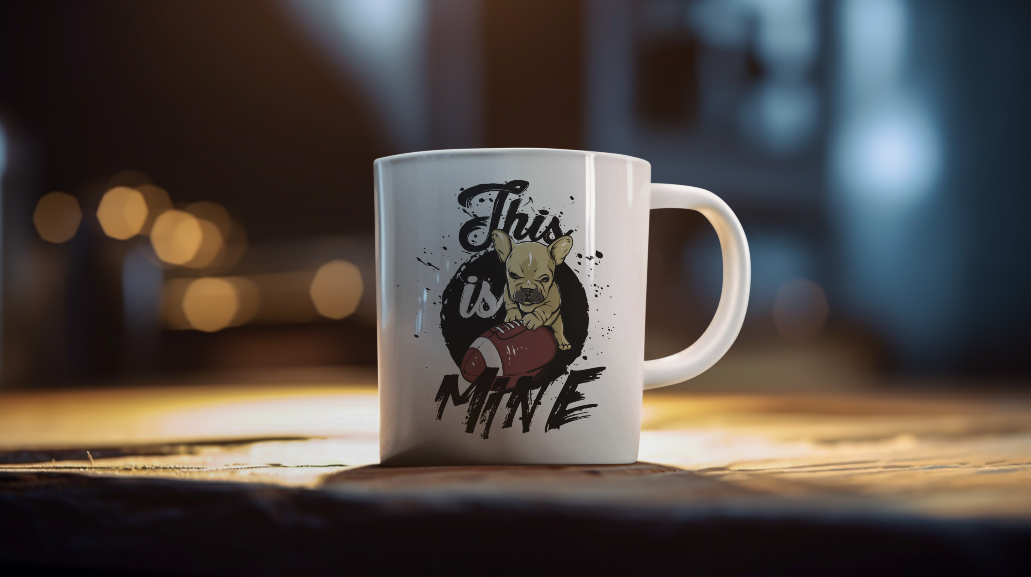 A white ceramic coffee mug with a graphic print of a dog and the text 'This is Mine' sitting on a wooden table with a warm, blurred background.