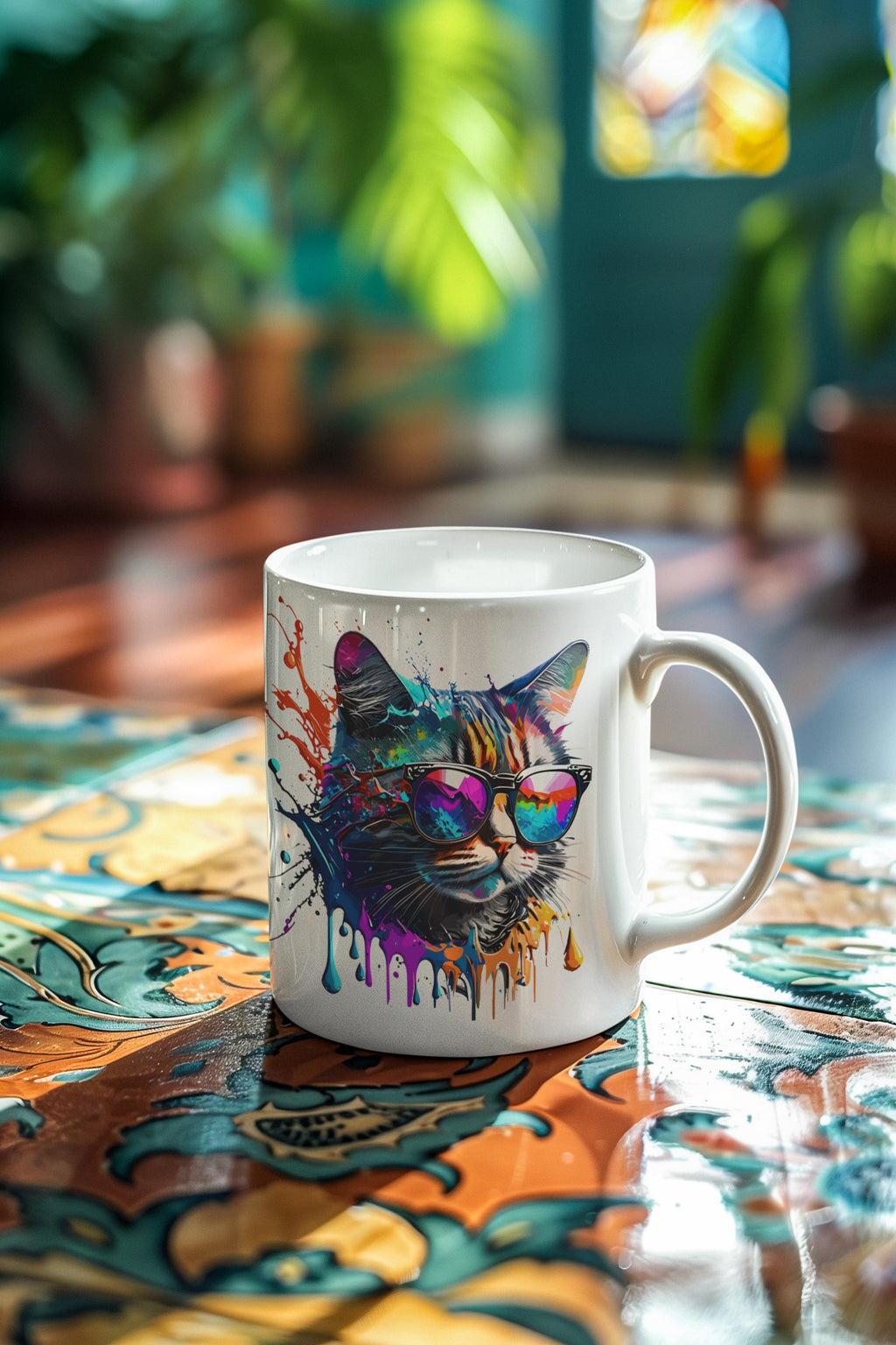 White mug with a colorful cat design wearing sunglasses on a patterned table.