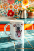 A white ceramic coffee mug featuring a printed illustration of a white dog with its mouth open, set on a glossy teal tiled countertop with a colorful kitchen background.