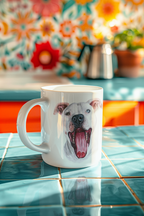 A white ceramic coffee mug featuring a printed illustration of a white dog with its mouth open, set on a glossy teal tiled countertop with a colorful kitchen background.