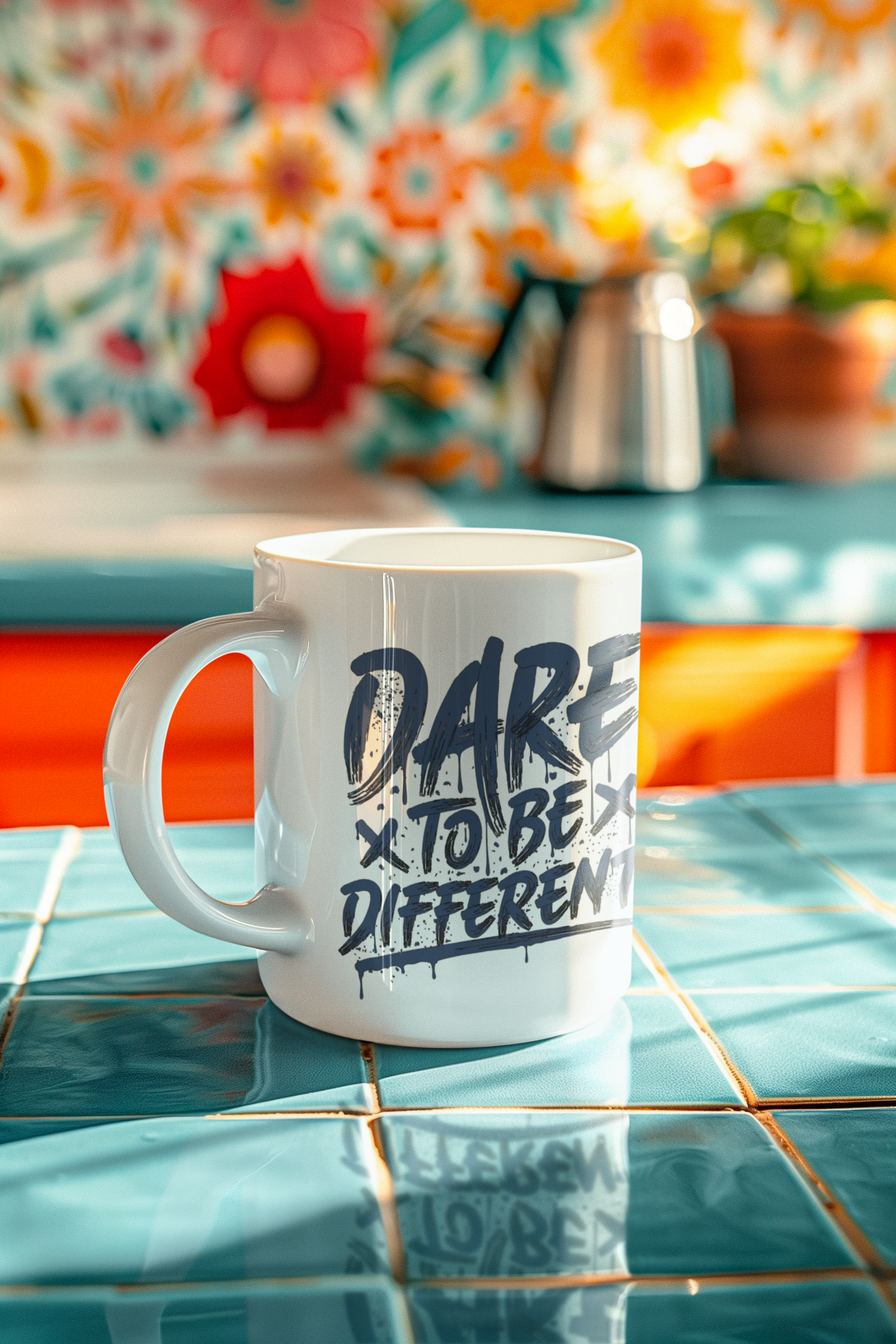 A white ceramic coffee mug with the text 'DARE x TO BE x DIFFERENT' printed in black, set on a blue tiled counter with a colorful, blurred kitchen background.