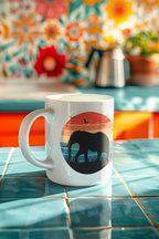 A white ceramic coffee mug with a colorful graphic of an elephant silhouette against a sunset, sitting on a blue tiled counter with a blurred kitchen background.