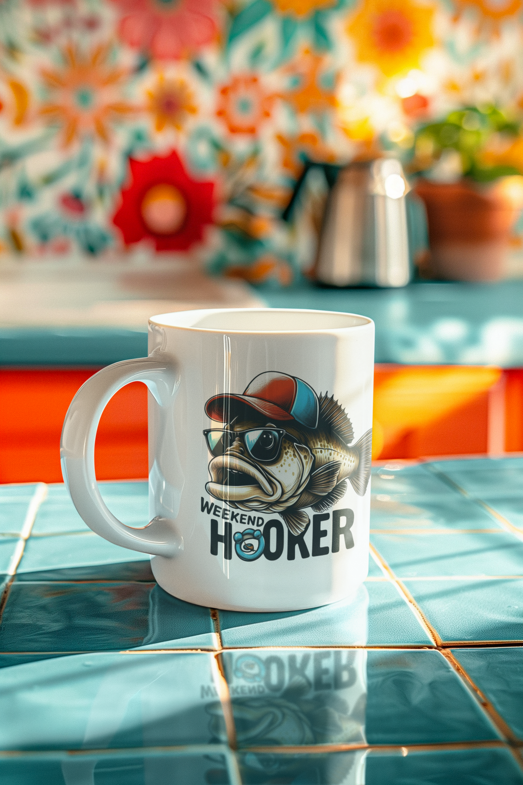 A white ceramic mug with a graphic of a fishing bass wearing sunglasses and a cap, with the text 'WEEKEND HOOKER' and a camera icon, sitting on a blue tiled counter in a kitchen setting.