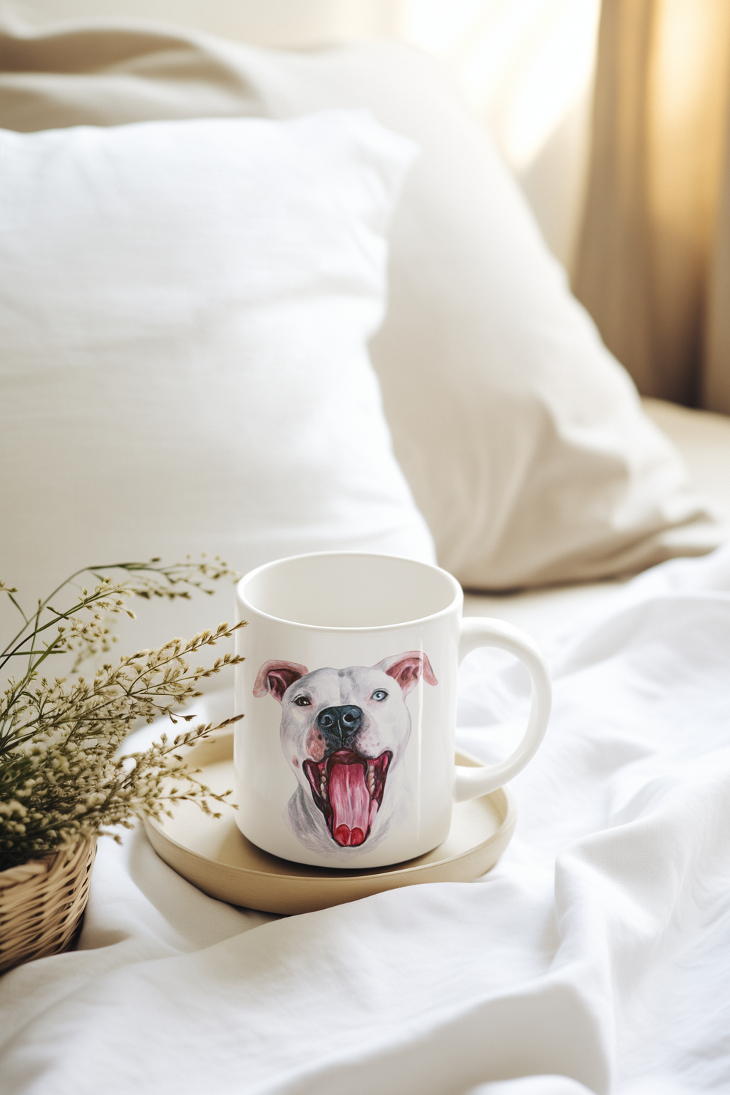 A white ceramic mug with a printed illustration of a white dog with its tongue out, resting on a small beige coaster on a bed with white sheets and pillows.