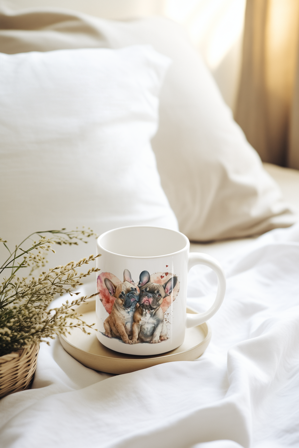 A white ceramic mug with a watercolor illustration of two French bulldogs, resting on a small beige saucer on a bed with white sheets and pillows.