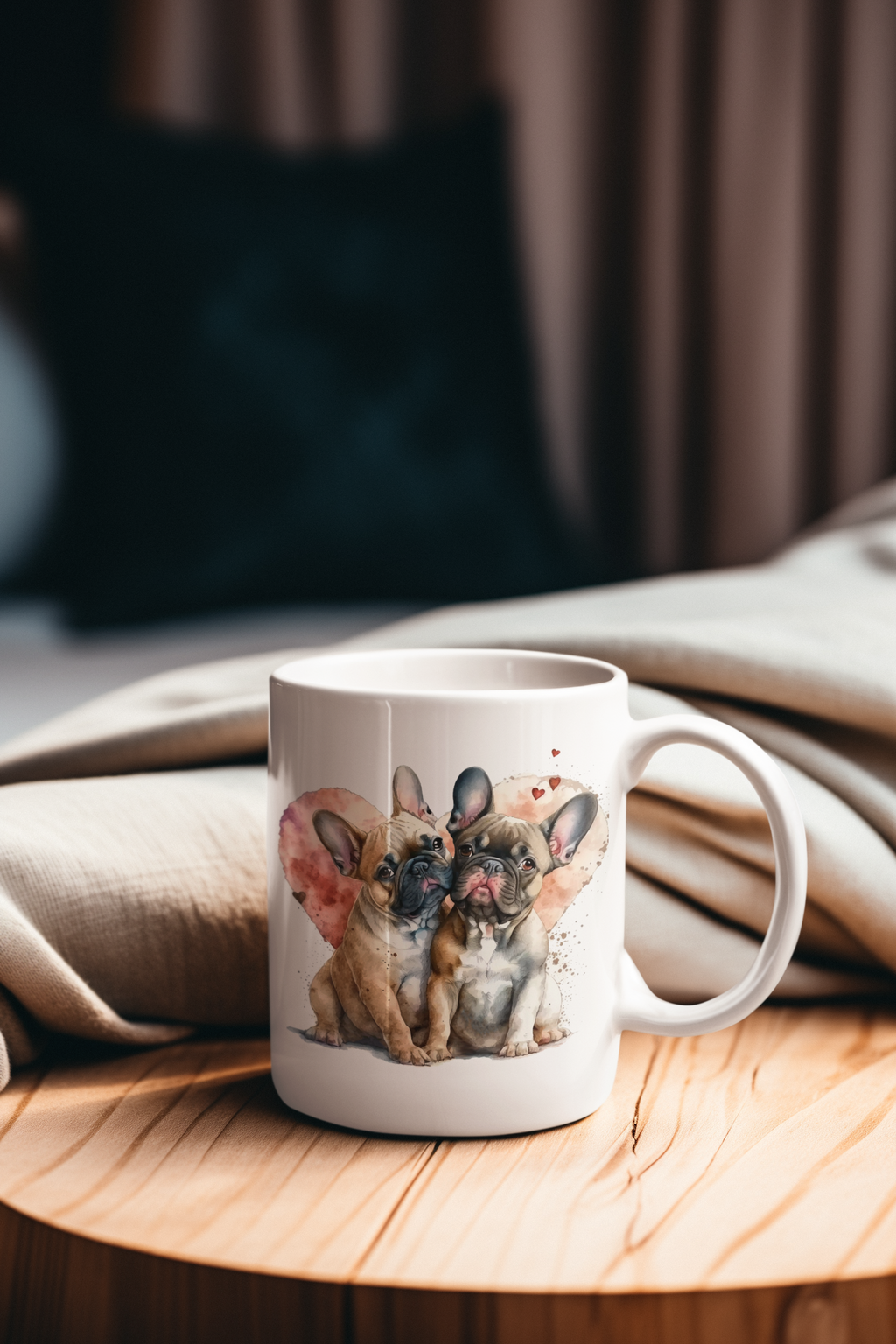 A white ceramic coffee mug featuring a watercolor-style illustration of two French bulldogs, placed on a round wooden table with a beige blanket in the background.