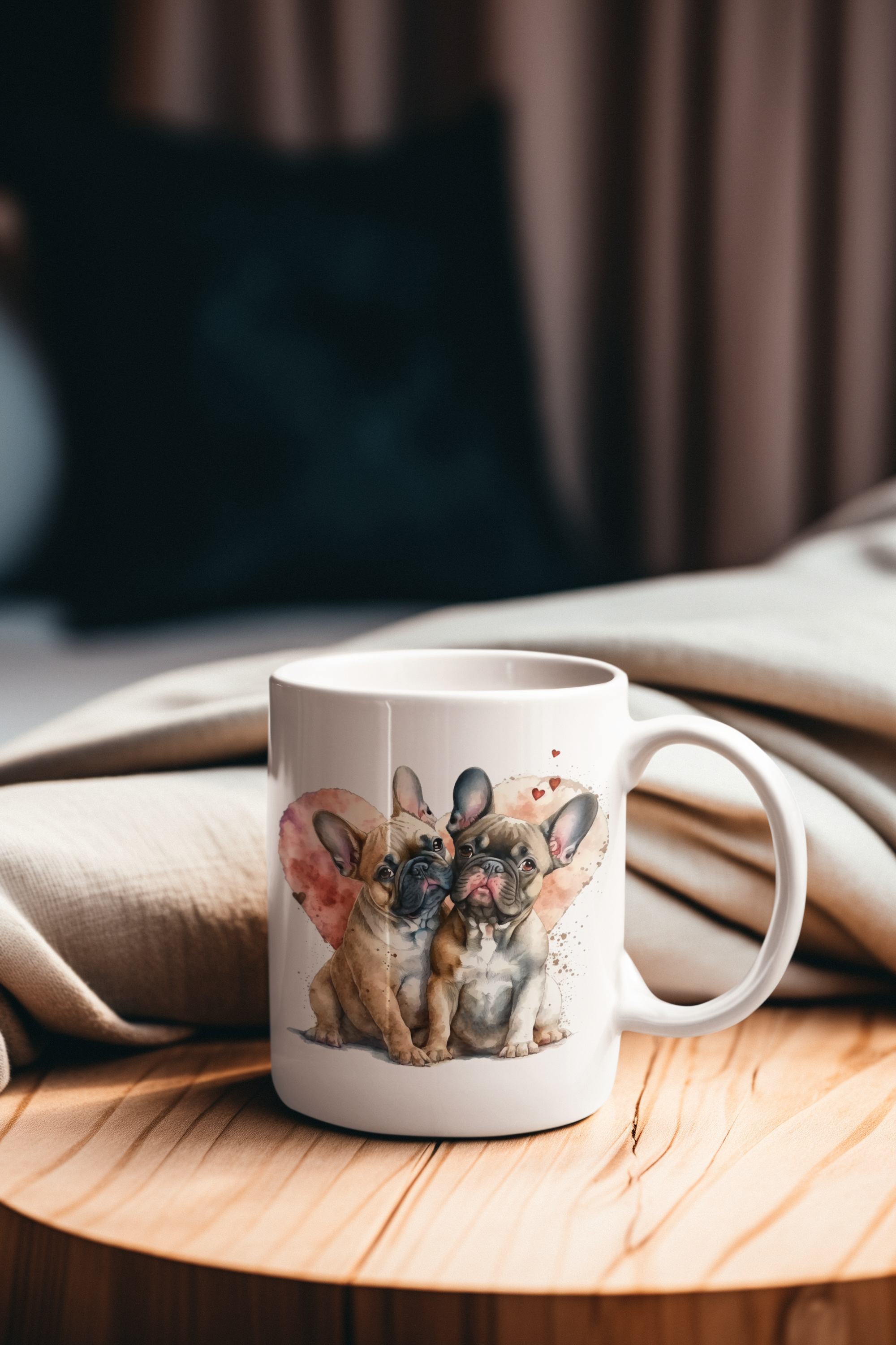 A white ceramic coffee mug featuring a watercolor-style illustration of two French bulldogs, placed on a round wooden table with a beige blanket in the background.