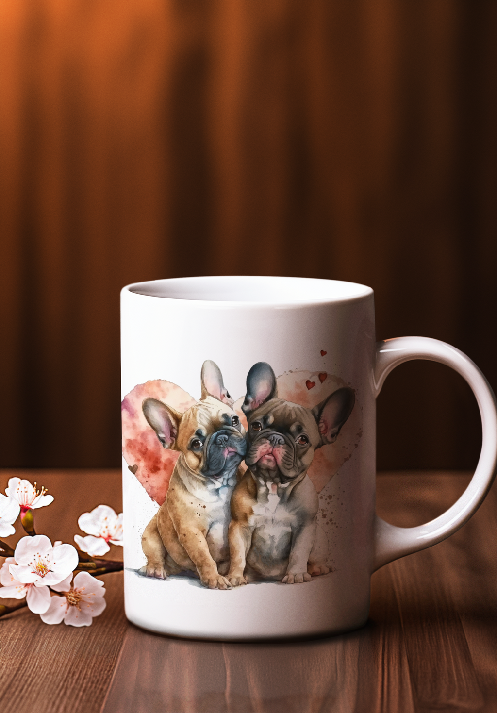 A white ceramic mug featuring a printed illustration of two French bulldogs sitting together in front of a pink watercolor heart, placed on a wooden table with cherry blossoms and a warm brown background.