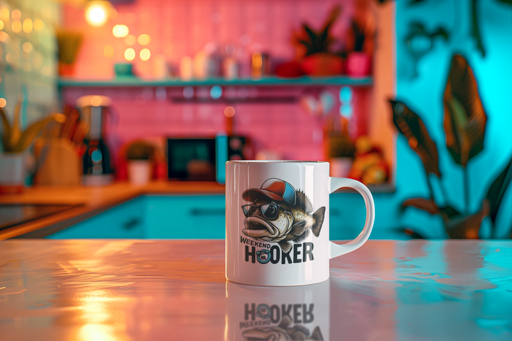 A white ceramic mug with a humorous fish graphic and the text 'WE'RE MEANT HOOKER' sits on a reflective countertop in a brightly lit, colorful kitchen setting.