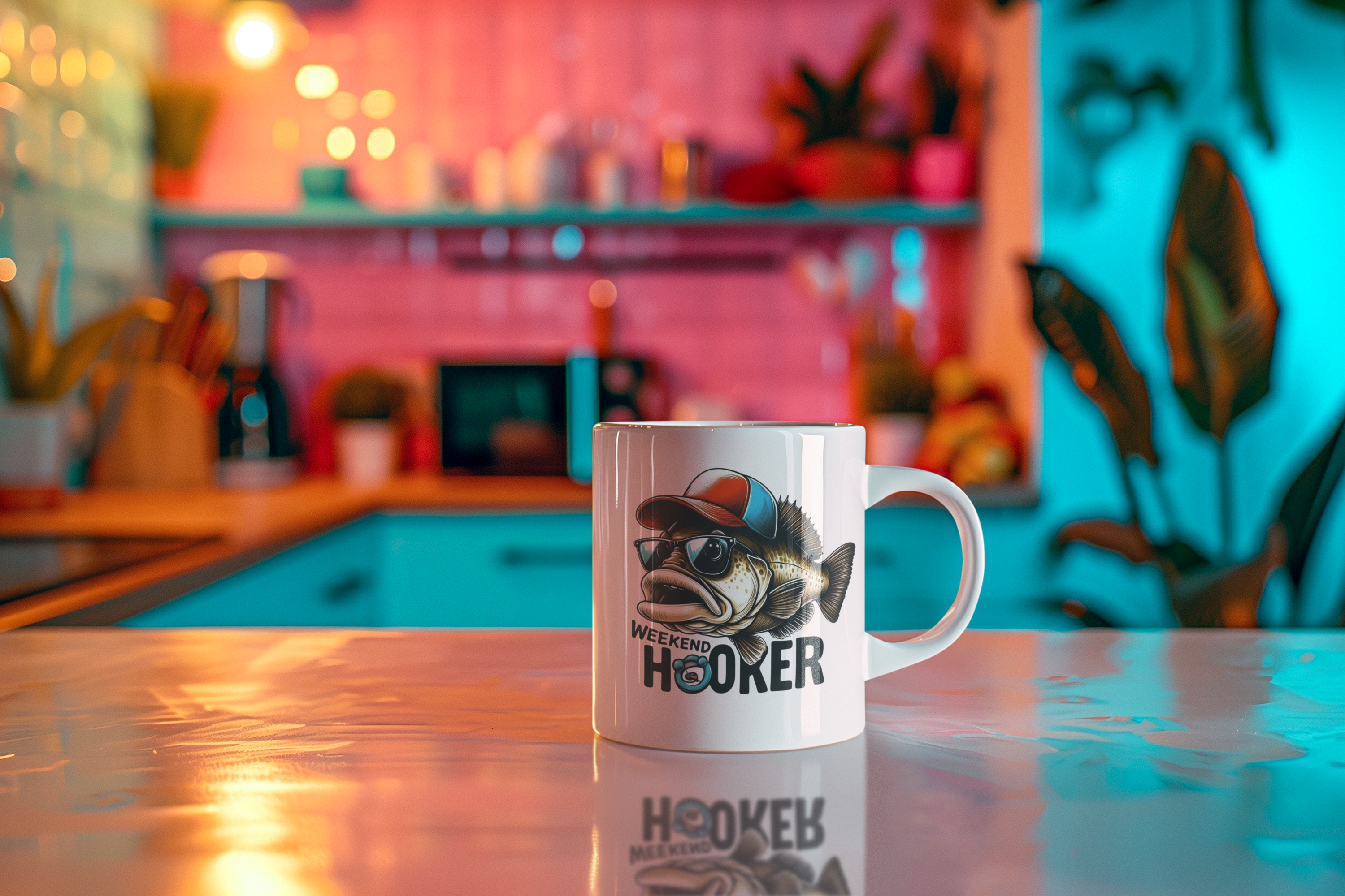A white ceramic mug with a humorous fish graphic and the text 'WE'RE MEANT HOOKER' sits on a reflective countertop in a brightly lit, colorful kitchen setting.