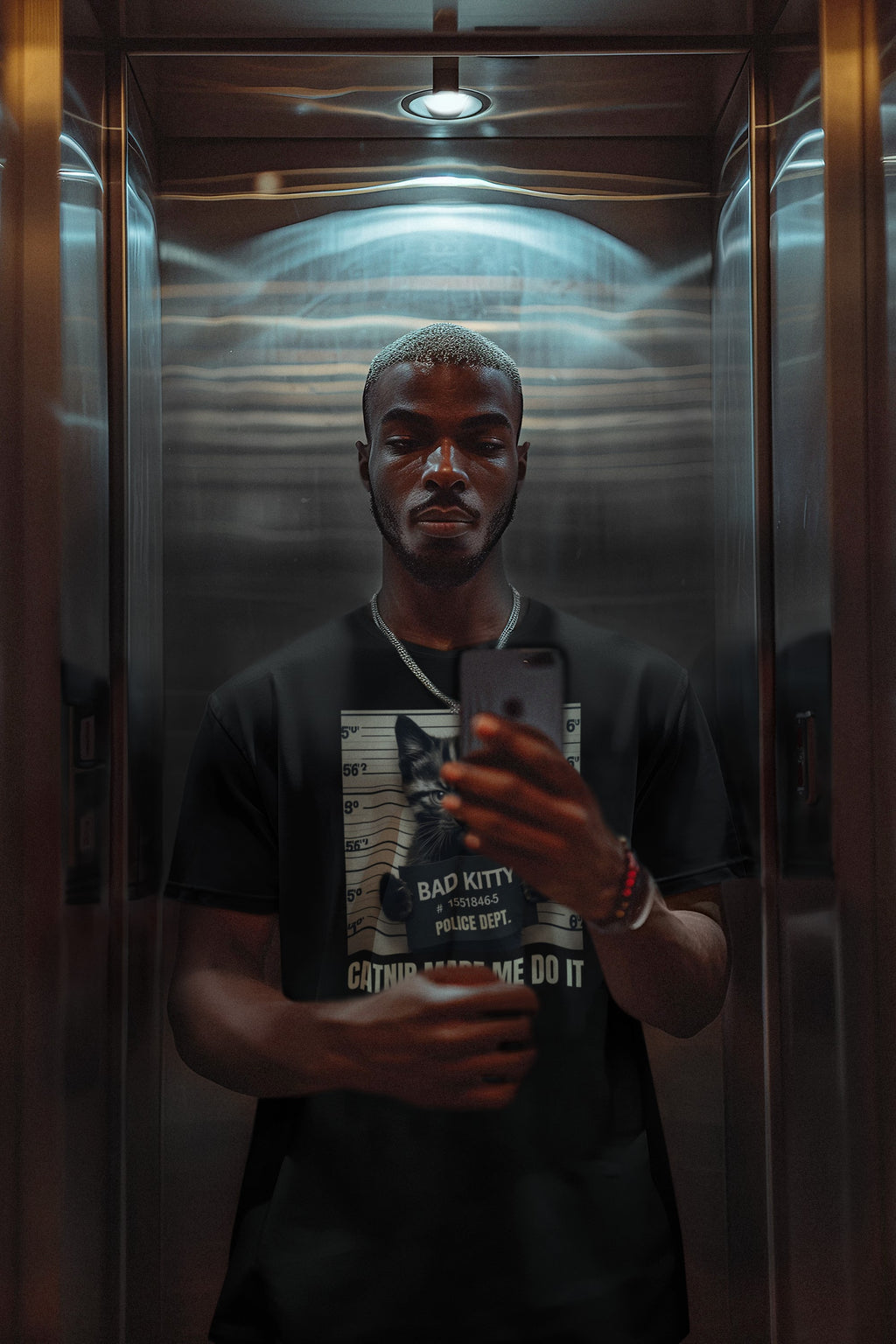 Man taking a selfie in an elevator with a phone