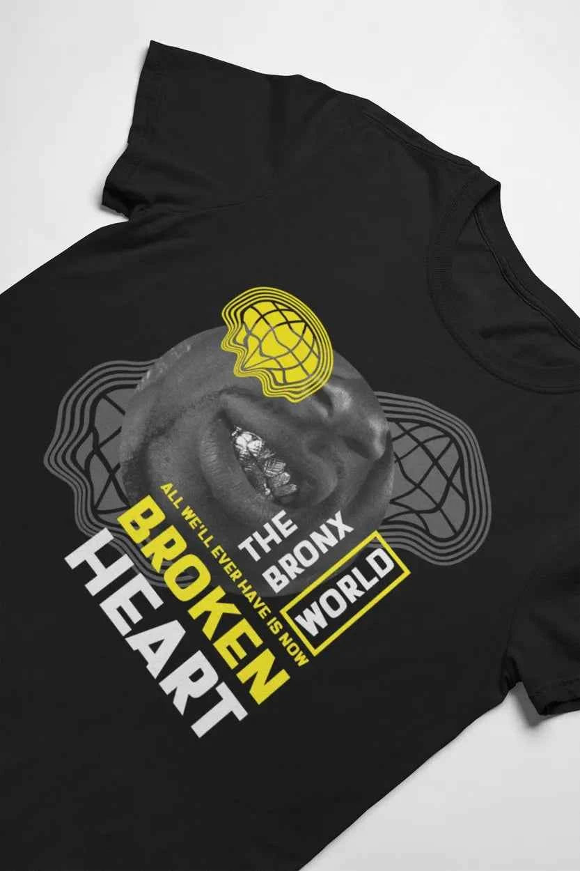 Bronx Broken Heart World Graphic T-Shirt, Black Cotton, Vintage Style
