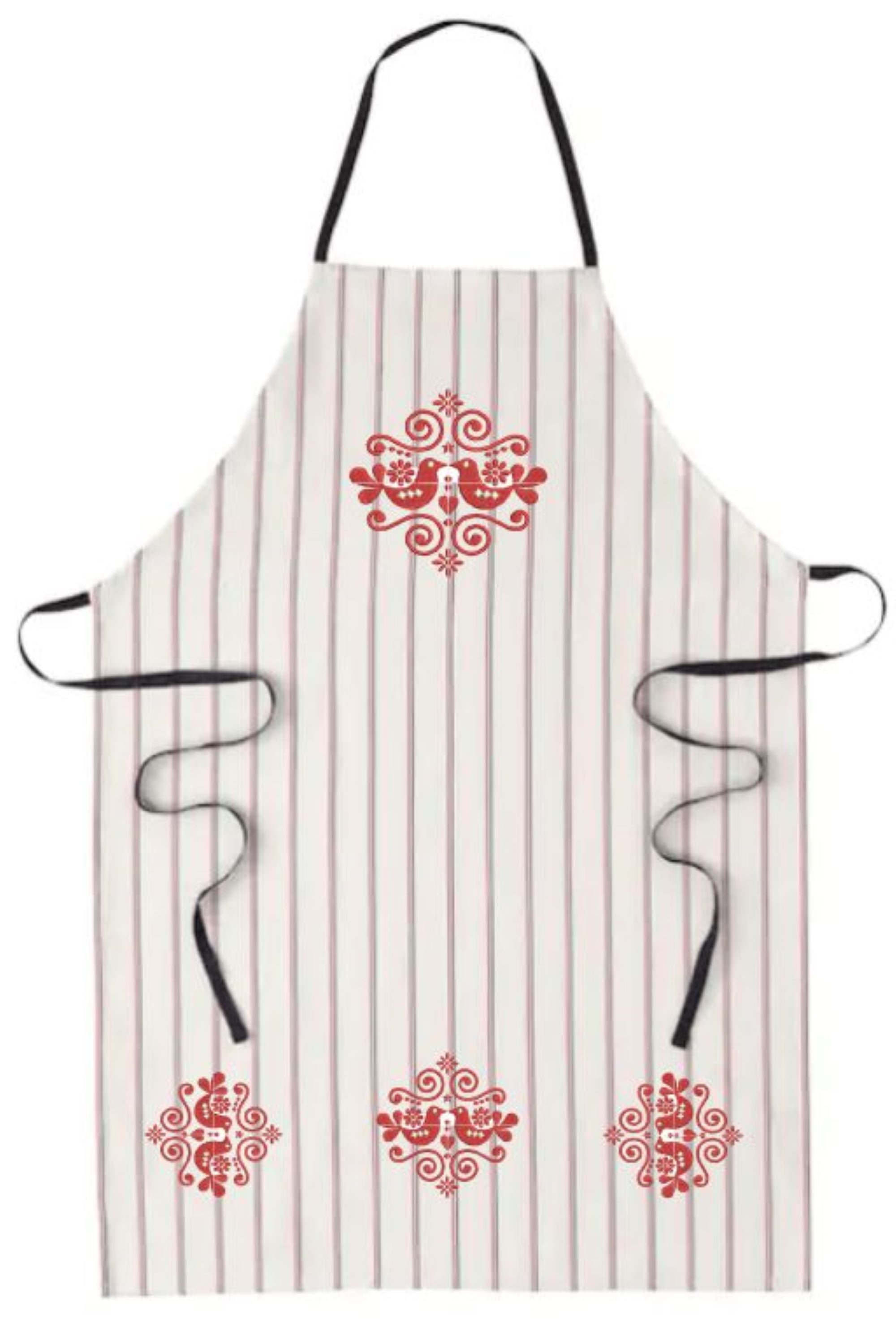 Striped apron with red floral patterns on a white background