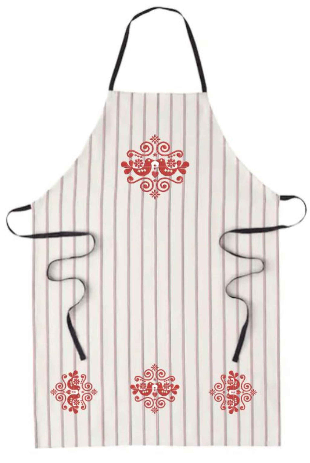 Folklore Design Embroidered Canvas Apron, Striped Kitchen Apron with Red Folk Art Motif