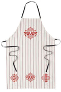 Folklore Design Embroidered Canvas Apron, Striped Kitchen Apron with Red Folk Art Motif