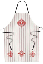 Folklore Design Embroidered Canvas Apron, Striped Kitchen Apron with Red Folk Art Motif