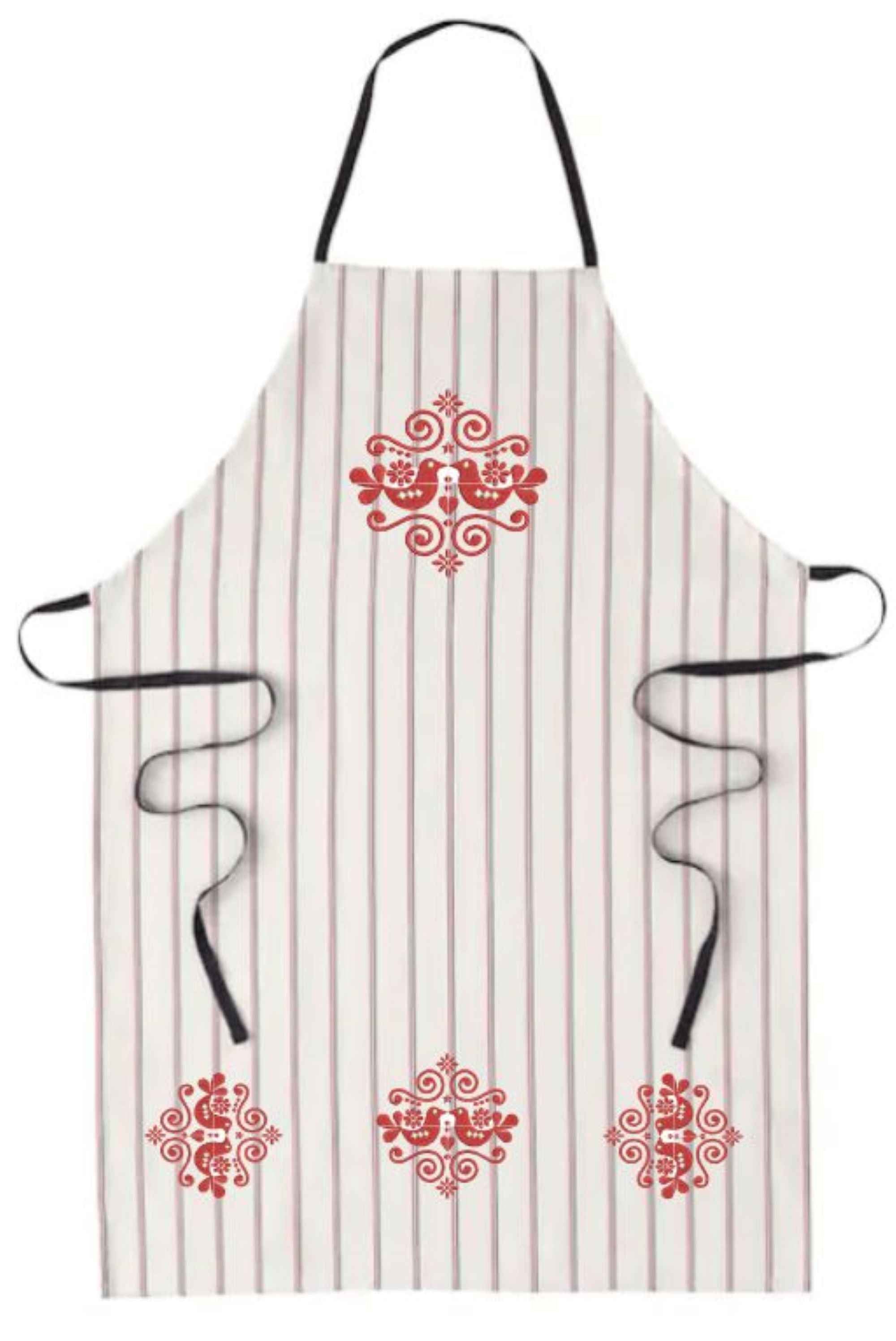 Folklore Design Embroidered Canvas Apron, Striped Kitchen Apron with Red Folk Art Motif