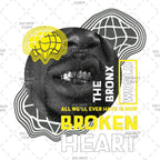 Artistic design with a face, text, and abstract elements on a white background.