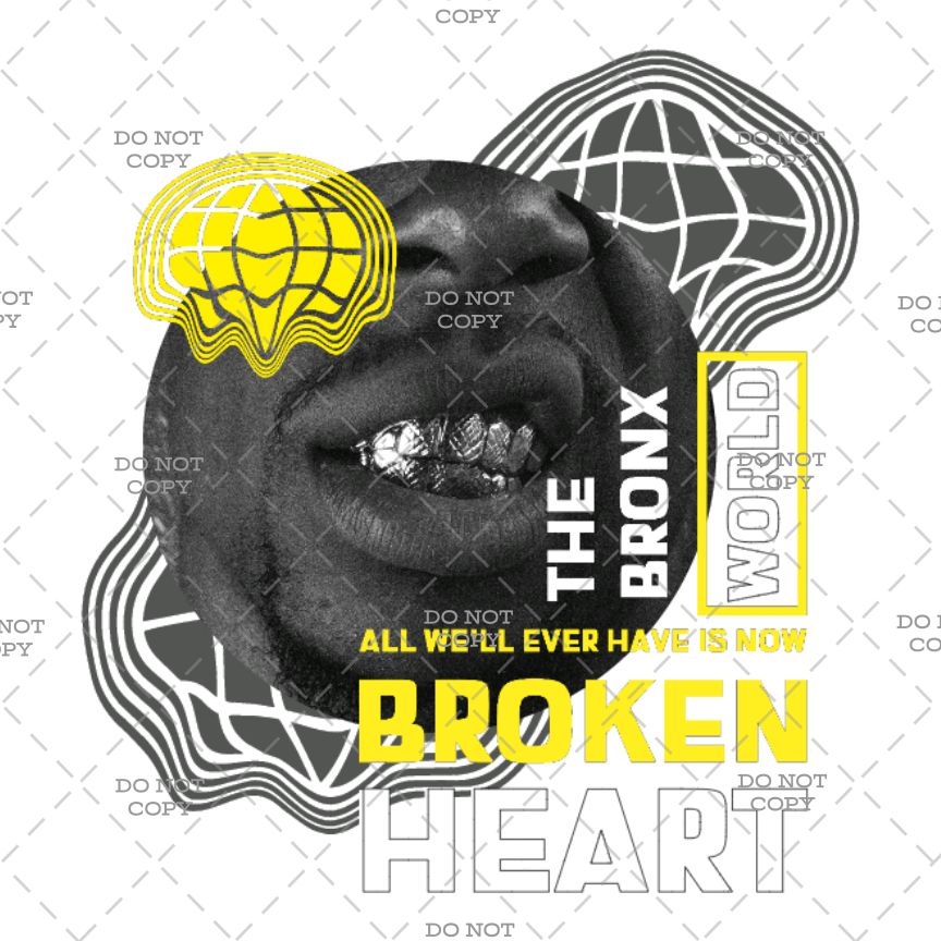 Artistic design with a face, text, and abstract elements on a white background.