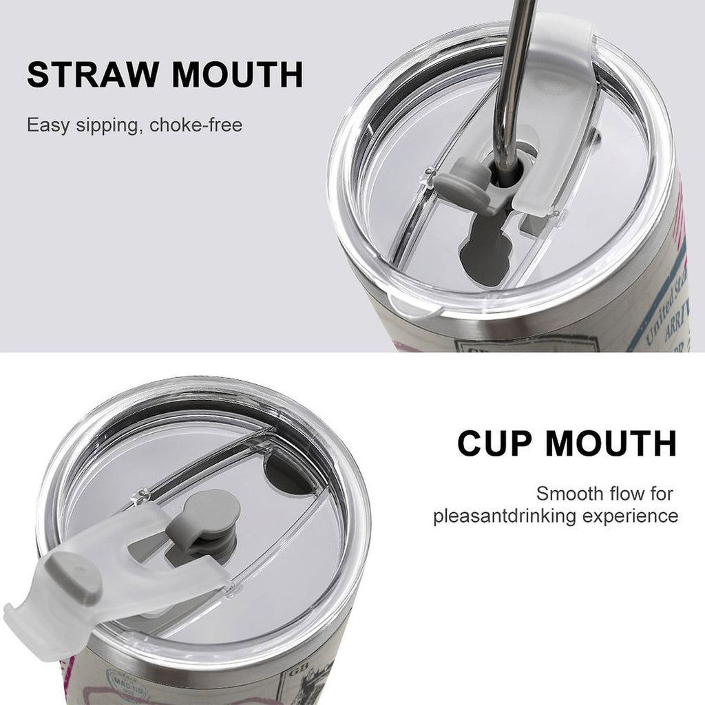 Two views of a drinking container with straw and cup mouths on a white background.