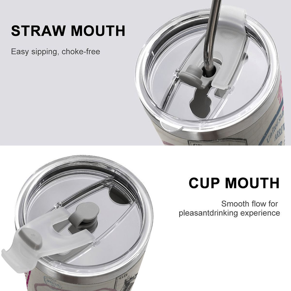 Two views of a drinking container with straw and cup mouths on a white background.