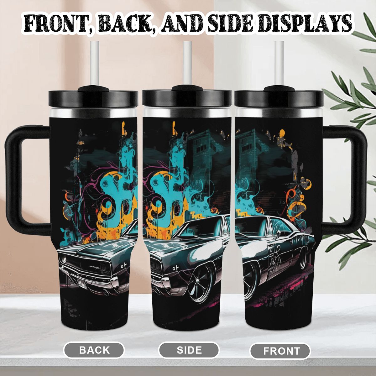 Black travel mug with a car design on a white surface
