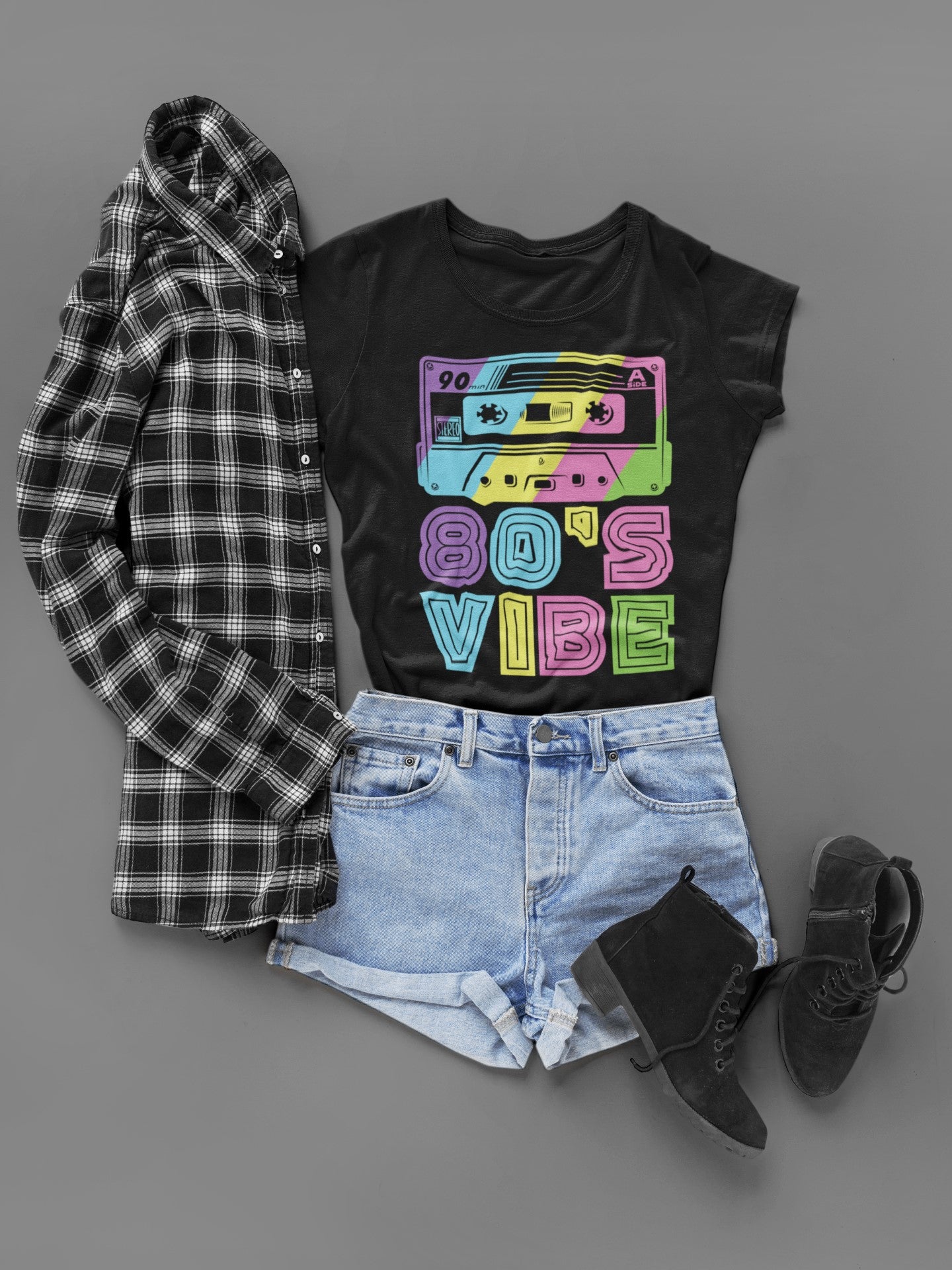 80's Vibe Retro Cassette T-Shirt, Black, Rainbow Graphic Design (US, Alpha, Small, Regular, Regular)