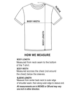 Diagram of a t-shirt with measurement labels and instructions on how to measure body length, body width, and sleeve length.