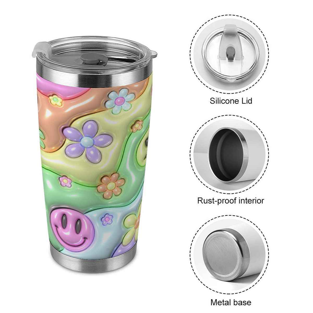 20oz Tumbler with Lid and Straw (Made in USA) Inflated Smiley Floral 20oz Tumbler