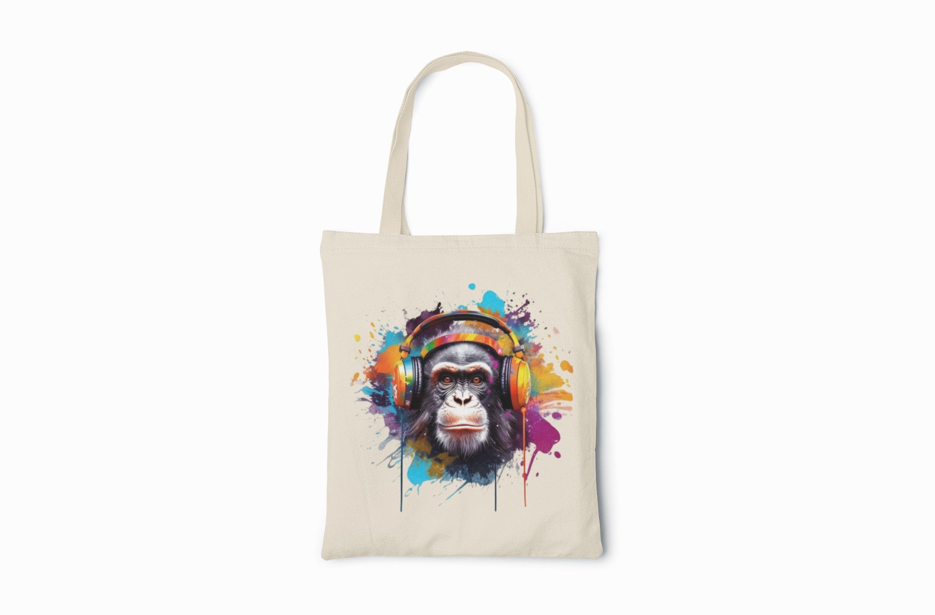 Cool Monkey Canvas Tote Bag, Colorful Headphones Design, Natural Cotton, Splash Art Style, Reusable Shopping Bag