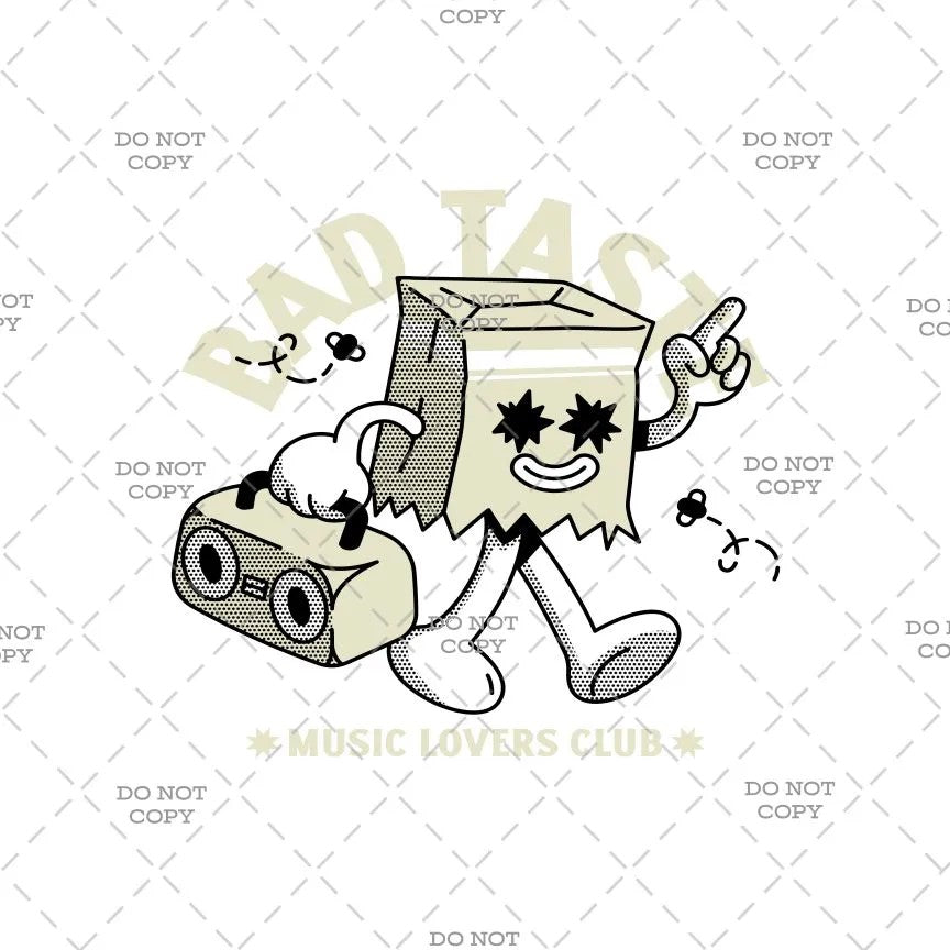 Cartoon character with a boombox and music notes on a grid background with 'Music Lovers Club' text.