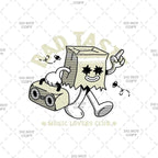 Cartoon character with a boombox and music notes on a grid background with 'Music Lovers Club' text.