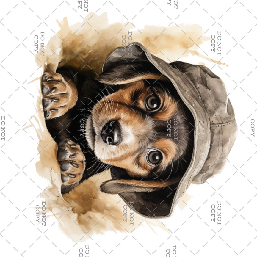 Illustration of a dog peeking out from a hat with watercolor effects on a white background.