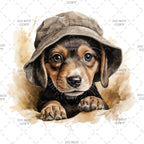 Illustration of a dog peeking out from a hat with watercolor effects on a white background.