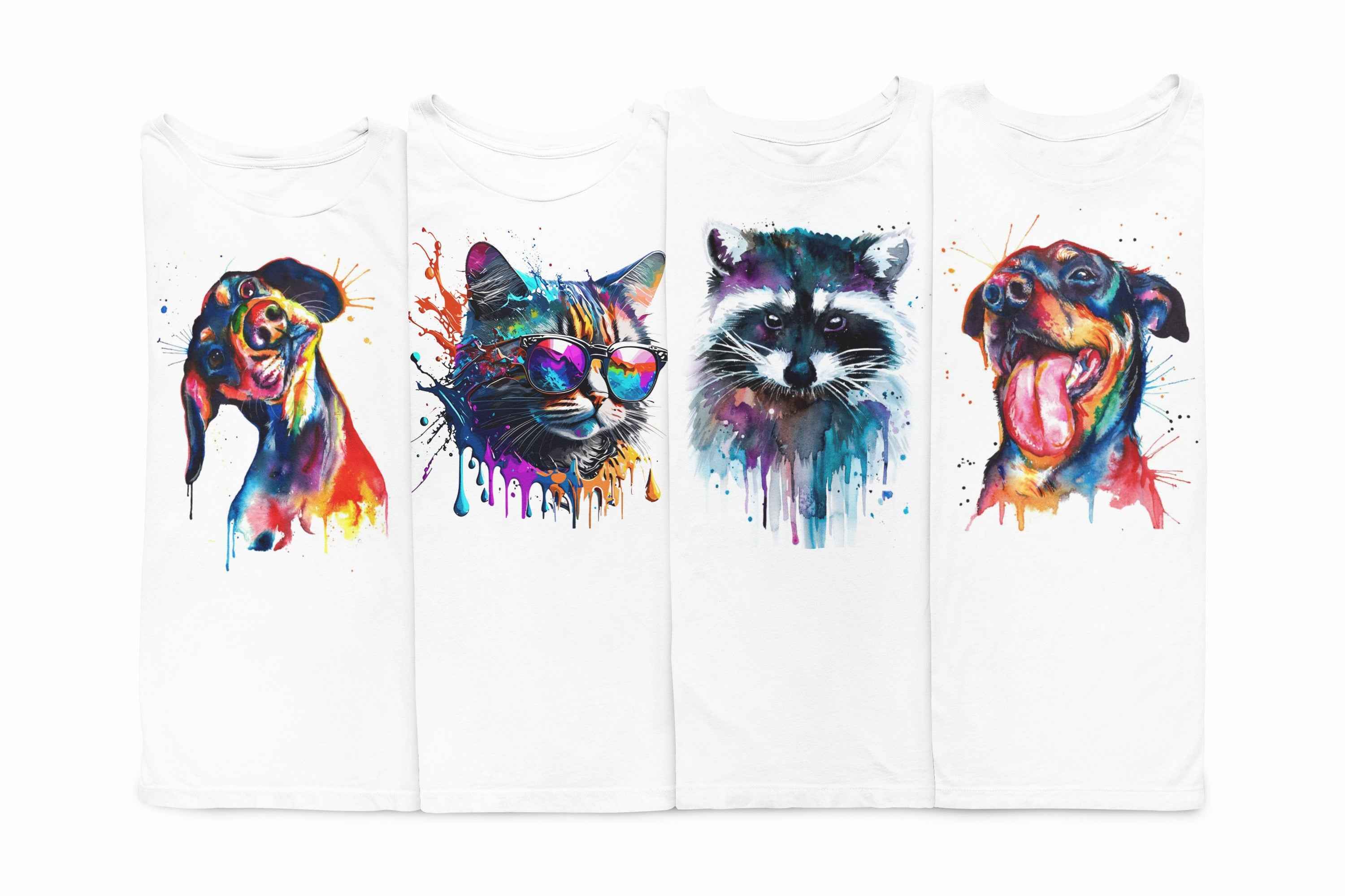 Watercolor Animal Graphic T-Shirt, White, Color Splash Design, Short Sleeve Casual Tee