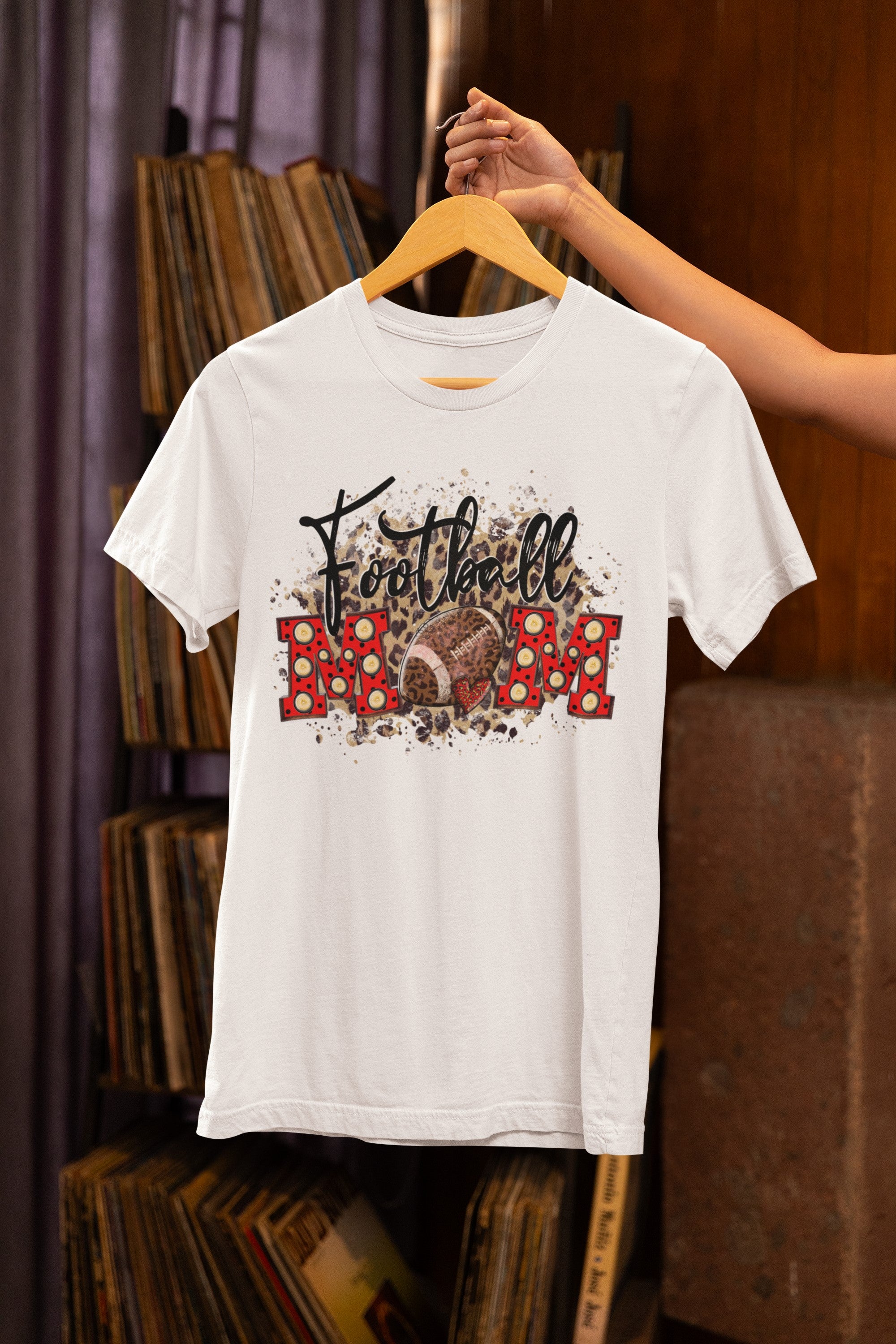 Football Mom T-Shirt, Size L, White Cotton, Polka Dot Design, Leopard Print Accent